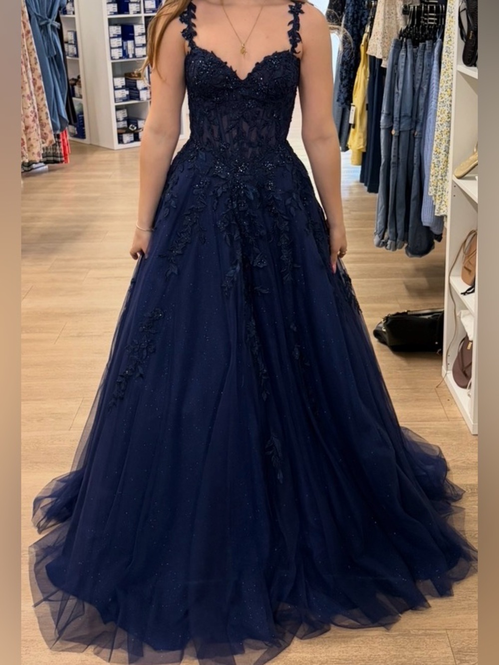 ellie wilde Navy Off-the-Shoulder Embellished Ball Gown